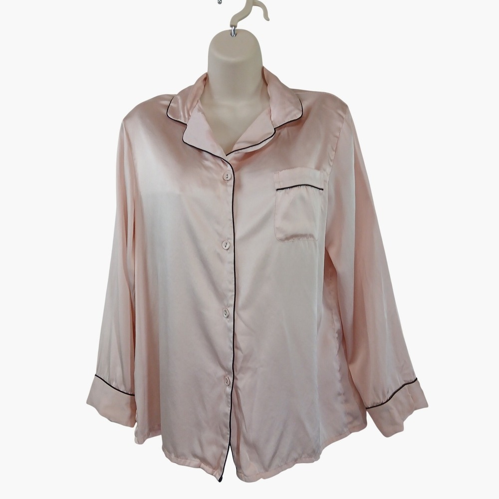 SilkSilky Pink 100% Silk Pajama Top Long Sleeve Button Down Contrast Piping M - Picture 2 of 7